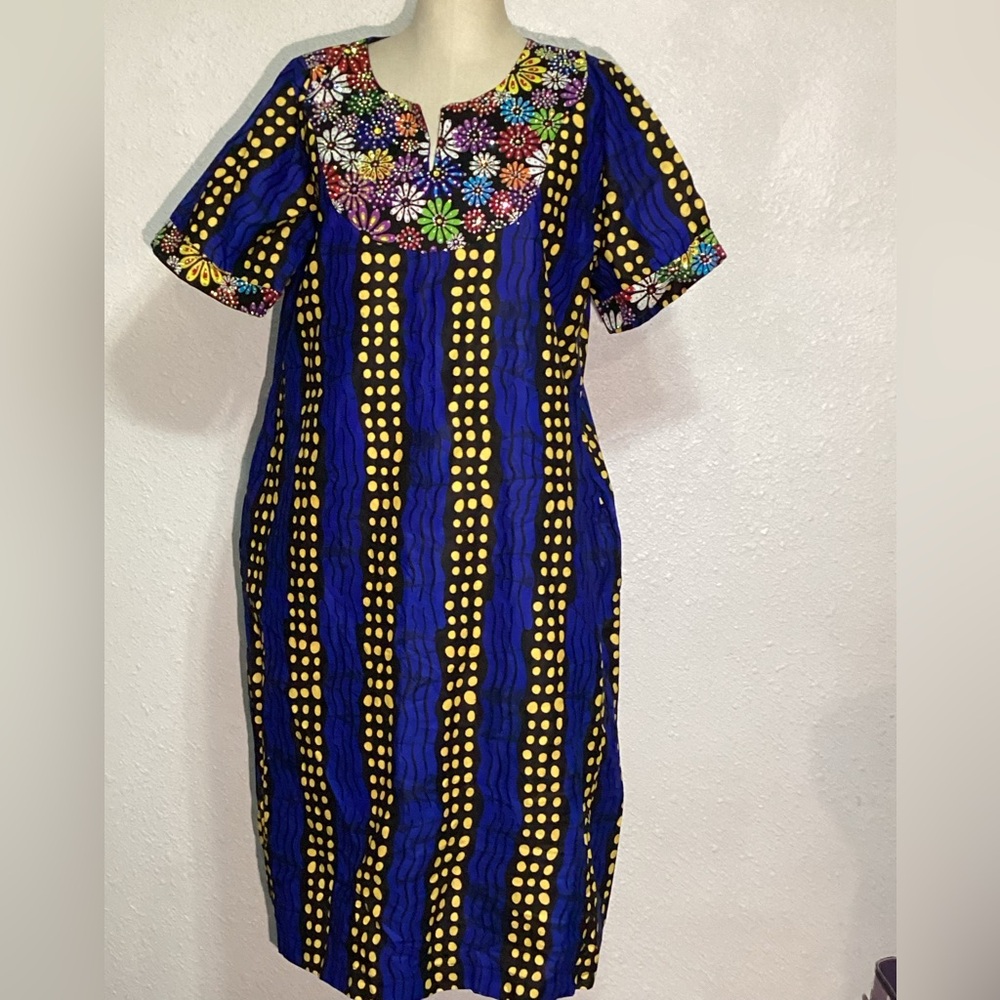 African print Floral rhinestone Blue Dress/ yellow dress size large